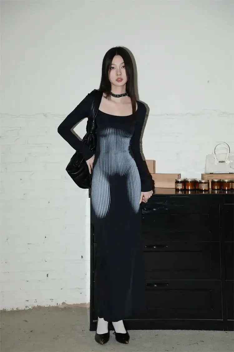 Y2K Sexy Long Sleeved Print Design Long Dress Elegant Slim Square Necked Dress Woman Street Style Wrapped Hip Skirt - Lootquake