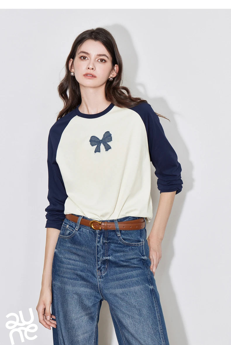 TOYOUTH Women T-shirt 2024 Autumn New Denim Bow Contrasting Color Raglan Sleeve Pullover Casual Tops - Lootquake