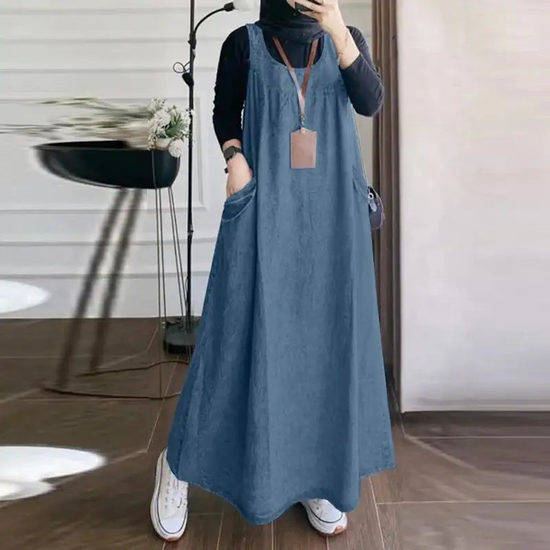 Summer Muslim Long Dress Abaya ZANZEA Women Vintage Sleeveless Denim Blue Maxi Vestidos Dubai Robe Casual Loose Ramadan Sundress - Lootquake