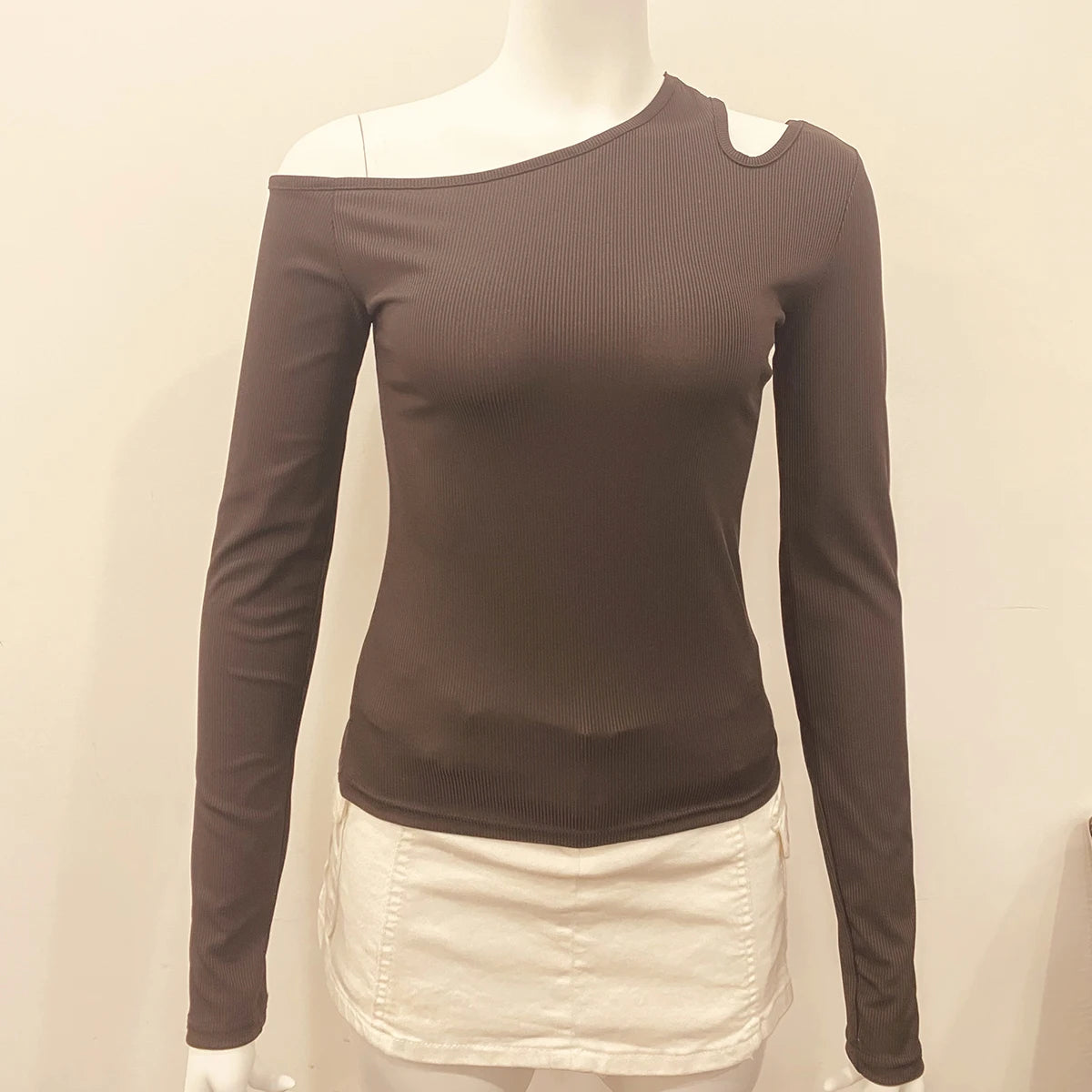 Fashion Skew Collar Off-shoulder Long-sleeved T-shirts Women Spring 2025 New Solid Slim Fit Crop Top Sexy Hollow Out Tees Shirts - Lootquake