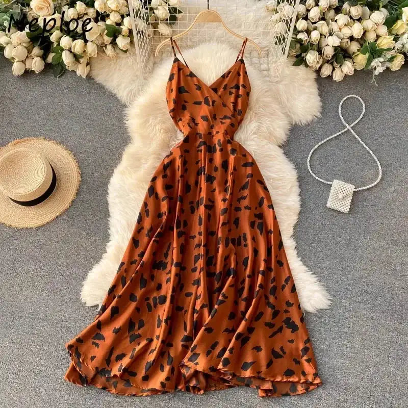 Neploe Vintage Print Holiday Long Dress Women High Waist Hip A Line Vestidos Summer 2025 New V Neck Sleeveless Camis Robe Slim - Lootquake