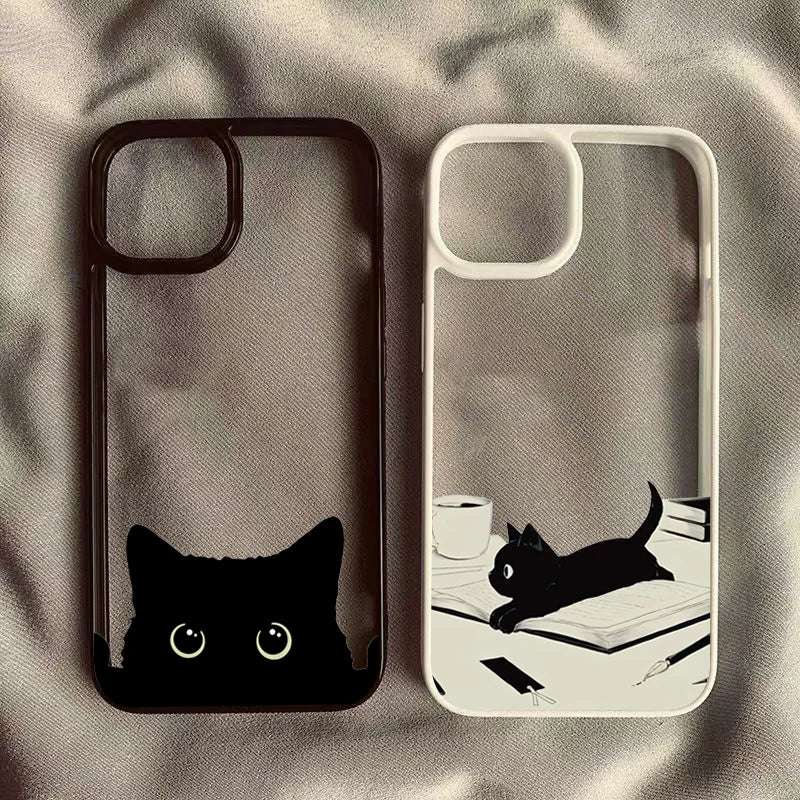 Funda rígida transparente con bonito estampado de gato negro