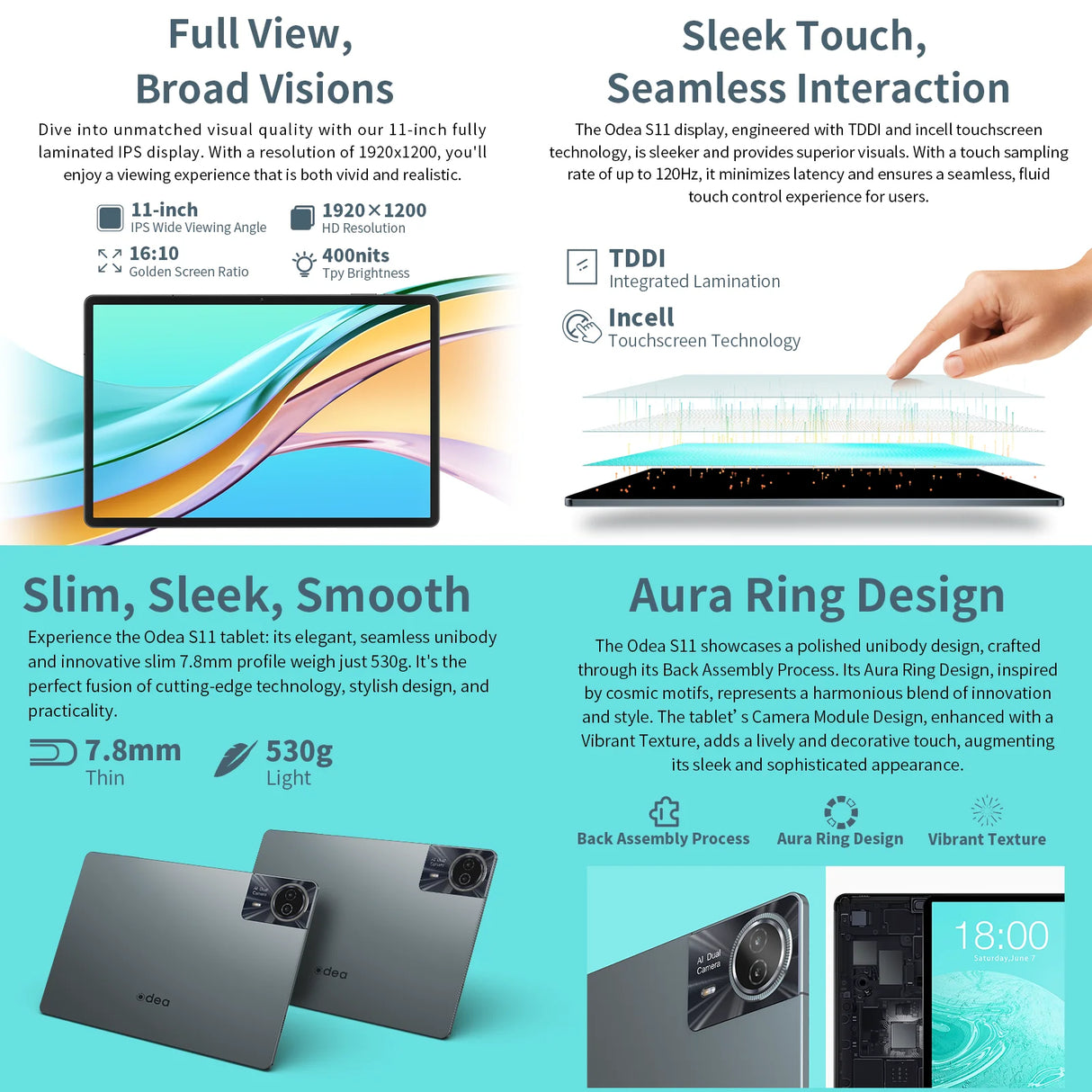 Tablette Odea S11, 11 pouces, TDDI, 8 000 mAh, Android 14 (6 Go + 10 Go d'extension), 16 Go de RAM, 256 Go de ROM, IPS 1920 x 1200, Unisoc T606, 8 cœurs, Mali-G57, 4G LTE, Wi-Fi, GPS, 2 emplacements SIM + 1 emplacement TF, Widevine L1 pour Netflix