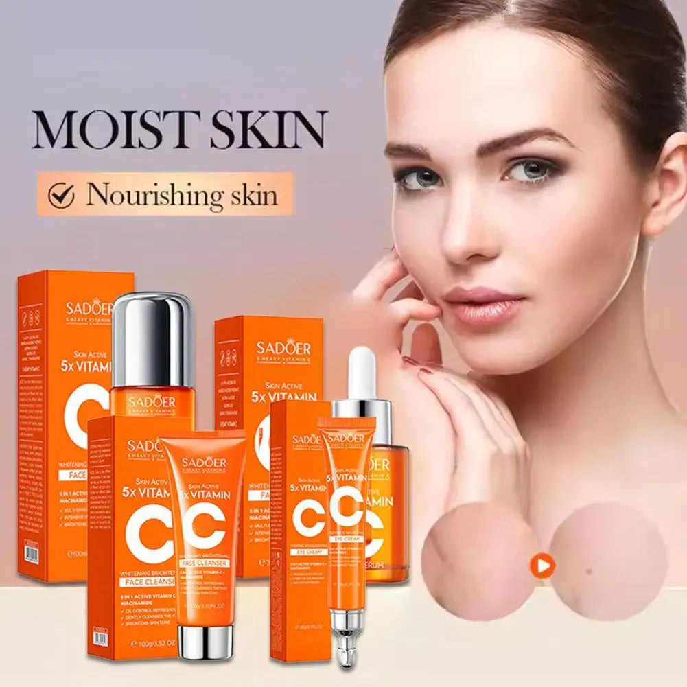 5 limpiadores faciales con vitamina C, loción, crema para ojos, suero facial blanqueador e iluminador, productos para el cuidado de la piel que reducen la opacidad del tono.