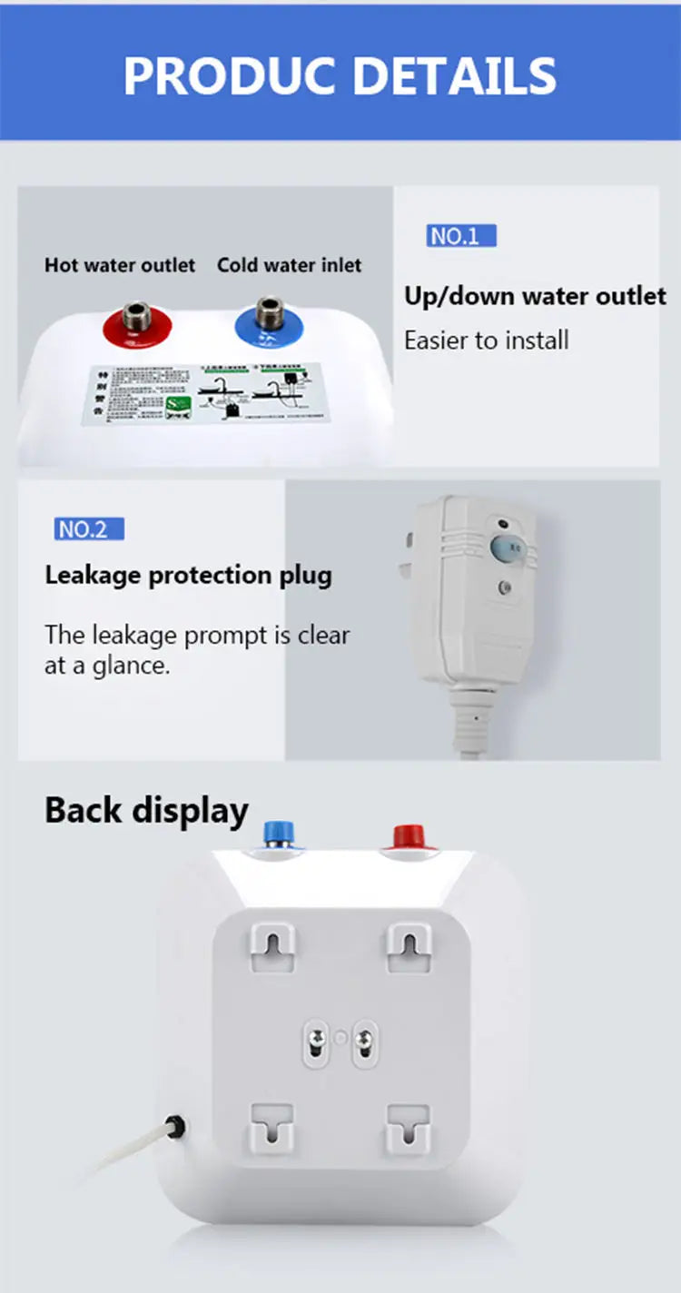 Chauffe-eau électrique instantané à stockage d'eau de 8 L, isolation thermique rapide, affichage numérique, bouton de contrôle du thermostat, entrée d'eau haut/bas