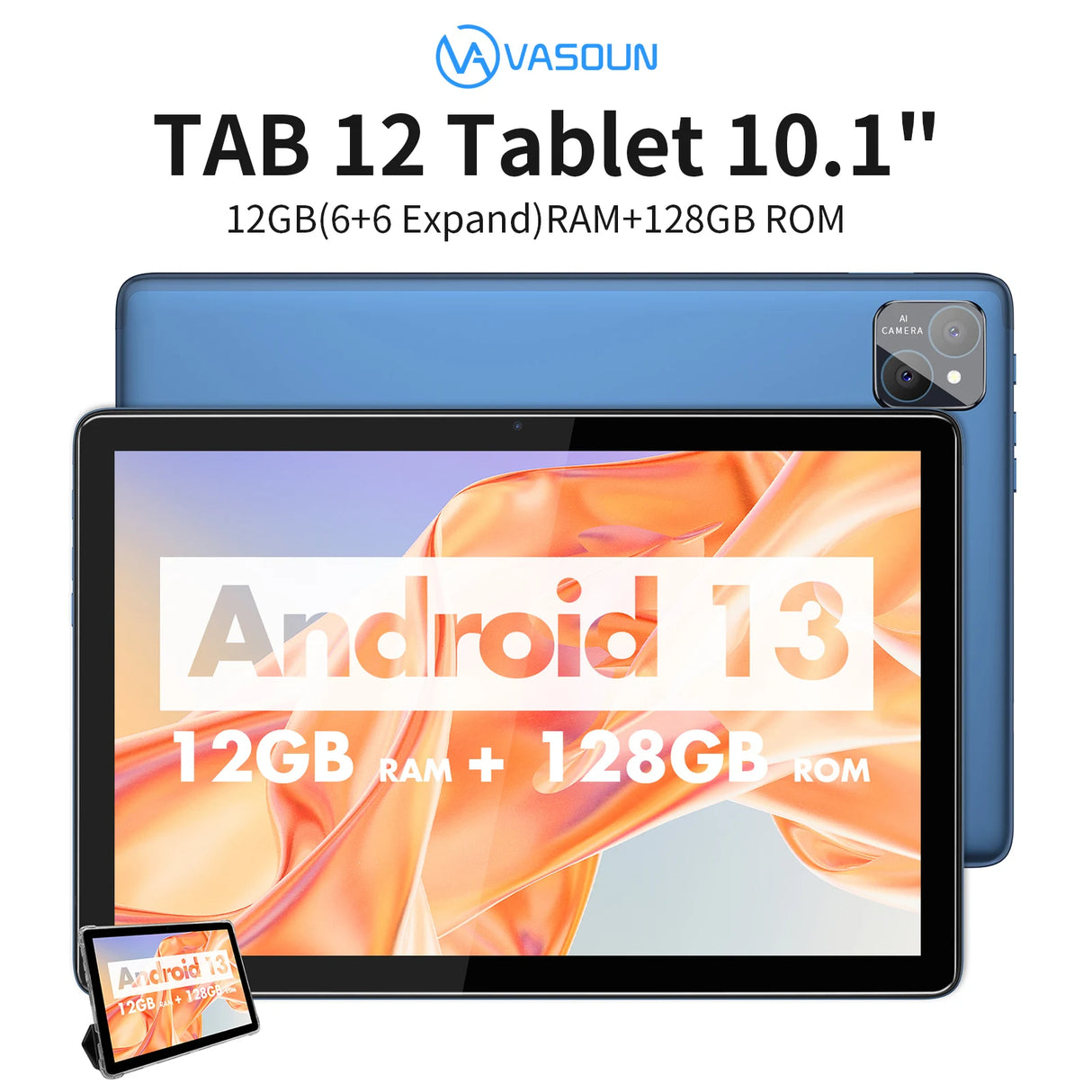 Tablette VASOUN Android 14 10,1", 12 Go (6+6 extensibles) RAM, 128 Go ROM, Octa Core, double SIM 4G débloquée avec Wi-Fi 2,4G/5G GPS