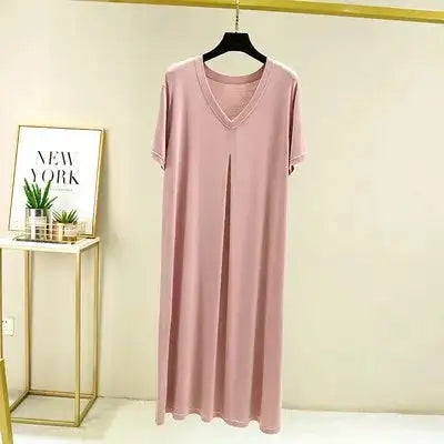 Modal Cotton Short Sleeved Nightdress for Women's Summer Casual Home Sleepwear V-neck Pleated Oversized Loose Hem Mid-Long Dress - Lootquake