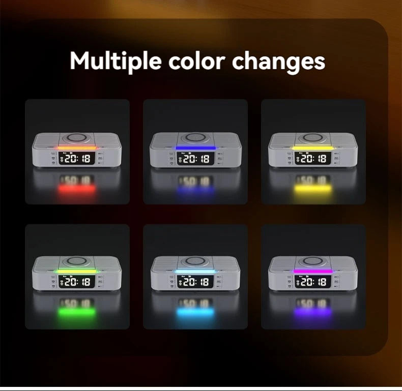 Altavoz Bluetooth portátil con carga inalámbrica, luz ambiental, reloj, función de alarma, altavoz doble, carga USB