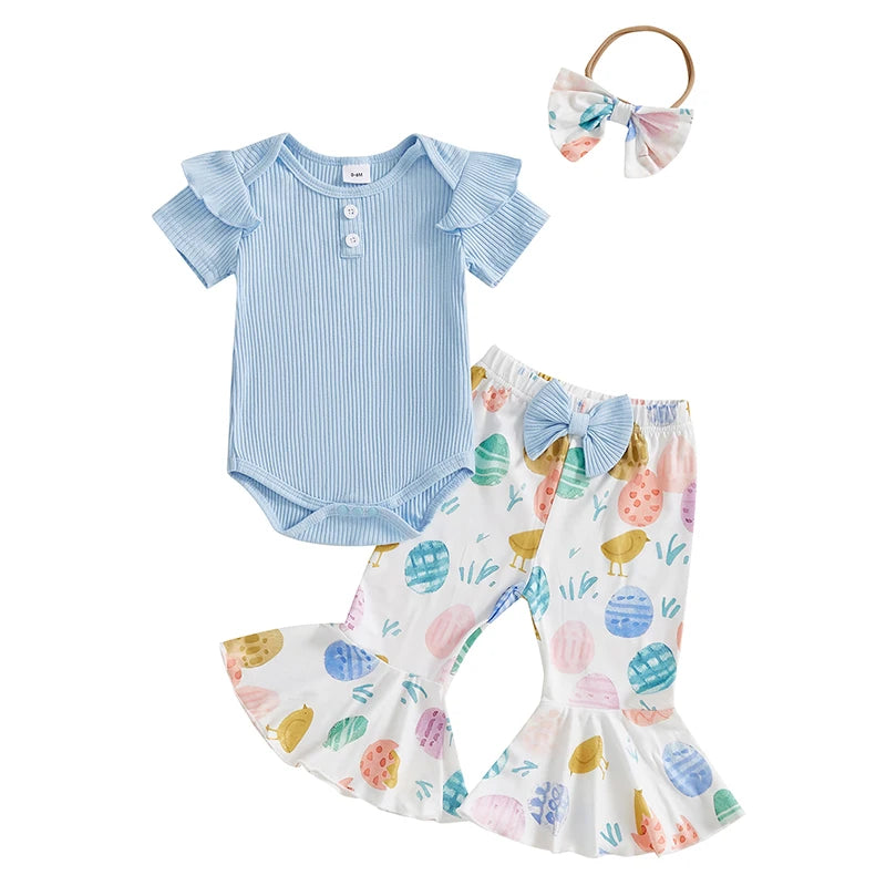 Baby Girls Summer Outfit Short Sleeve Romper with Bunny Eggs Print Flare Pants and Bowknot Headband Easter Outfit - Lootquake