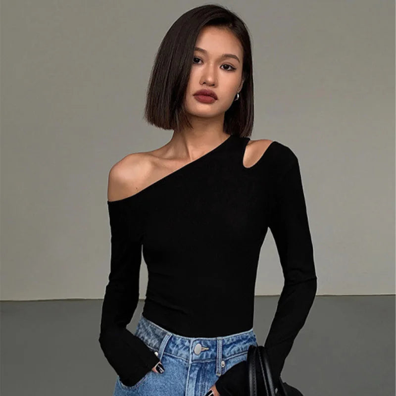 Fashion Skew Collar Off-shoulder Long-sleeved T-shirts Women Spring 2025 New Solid Slim Fit Crop Top Sexy Hollow Out Tees Shirts - Lootquake