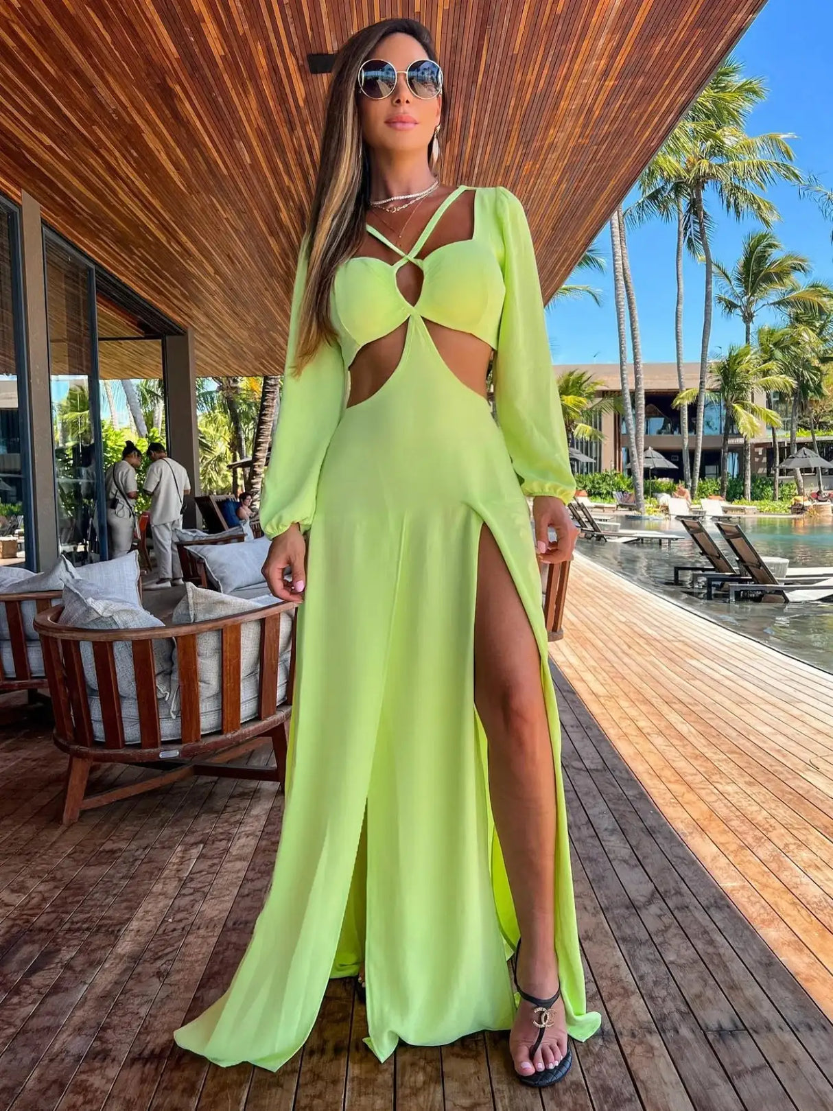 2024 Fashion New Women's Sexy Vacation Dress Solid Long Dress Cut Out Exposed Waist High Slit Suspender Long Skirt - Lootquake