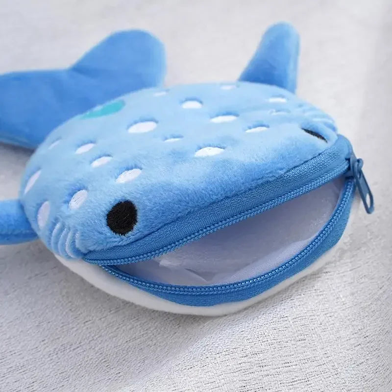 Fashion Cute Blue Shark Mini Whales Coin Purse Plush Zipper Coin Wallet Designer Women's Small Change Bag Key Earphone Pouch - Lootquake