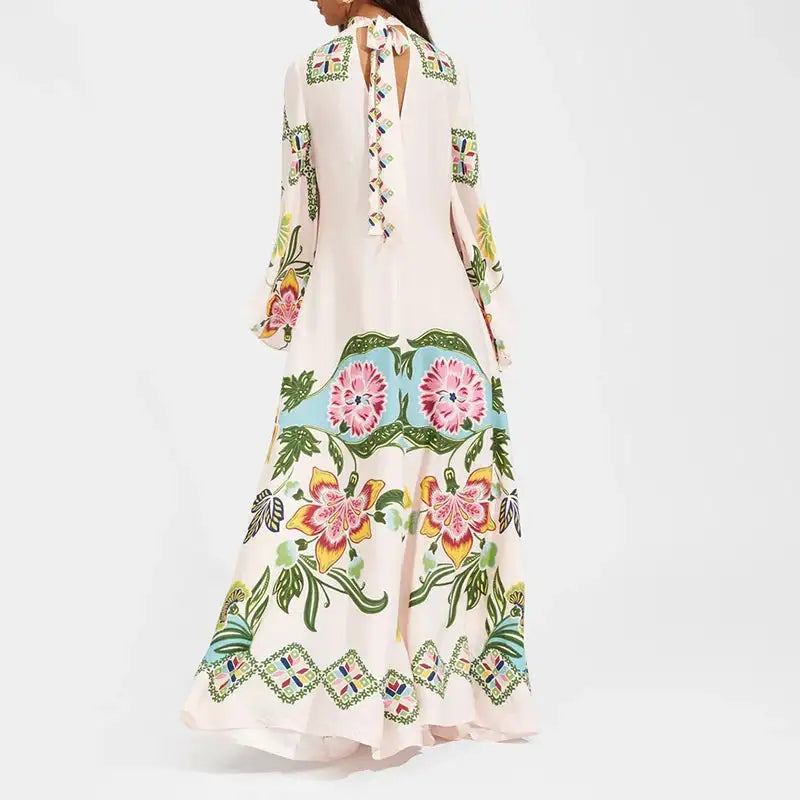 Ethnic Retro Spring Print Boho Long Dress Women Sexy Stand Collar Lace-up Party Dress Fall Long Sleeve Loose Ladies Maxi Dresses - Lootquake