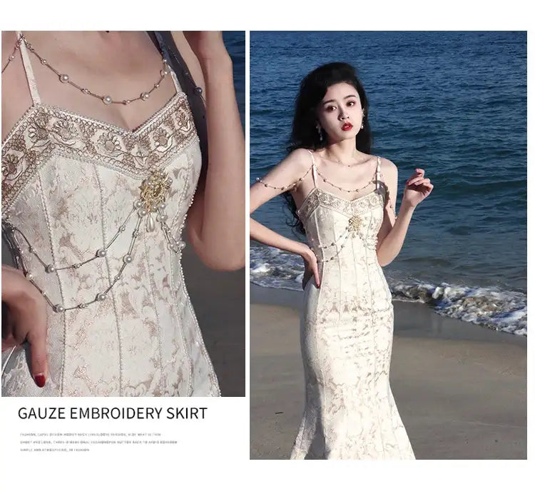 Summer Women Gorgeous Party Mermaid Prom Dress Spaghetti Strap Pearl Beading Ruffles Dress Feminine Backless Trumpet Long Dress - Lootquake