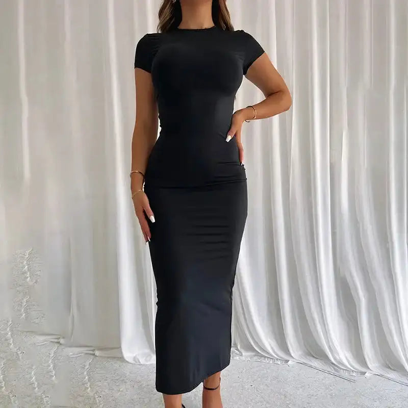 BWQ 2024 Women Solid Color Slim Short Sleeve Casual Pullover Sumer Long Dress Skinny Sexy Daily Dress - Lootquake