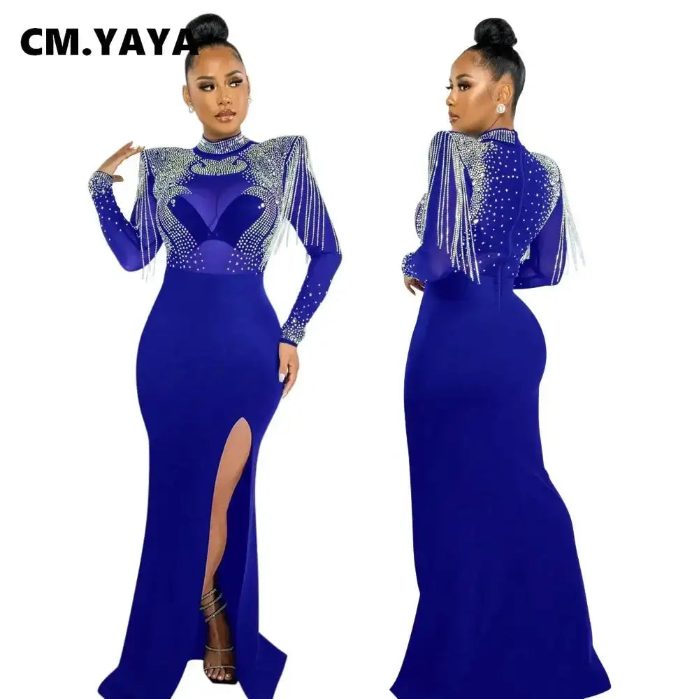 CM.YAYA Women Mesh See Through Long Sleeve Diamonds Hot Rhinestones Mermaid Long Dress Fall Evening Sexy Party Dresses Vestidos - Lootquake