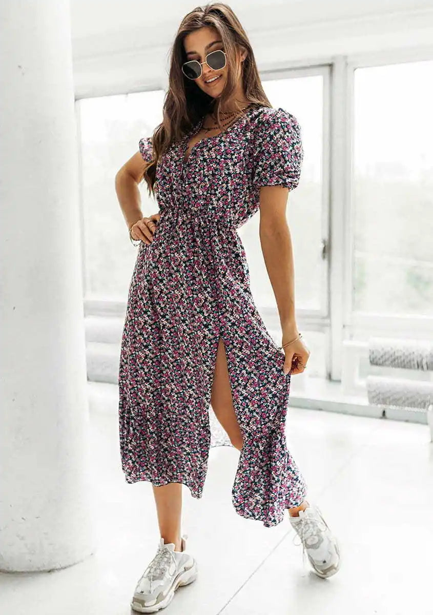 Summer Floral Print Dress Women V Neck Side Slit Long Dress Elegant Short Sleeve Button Slim Spring Female Party Dress Vestidos