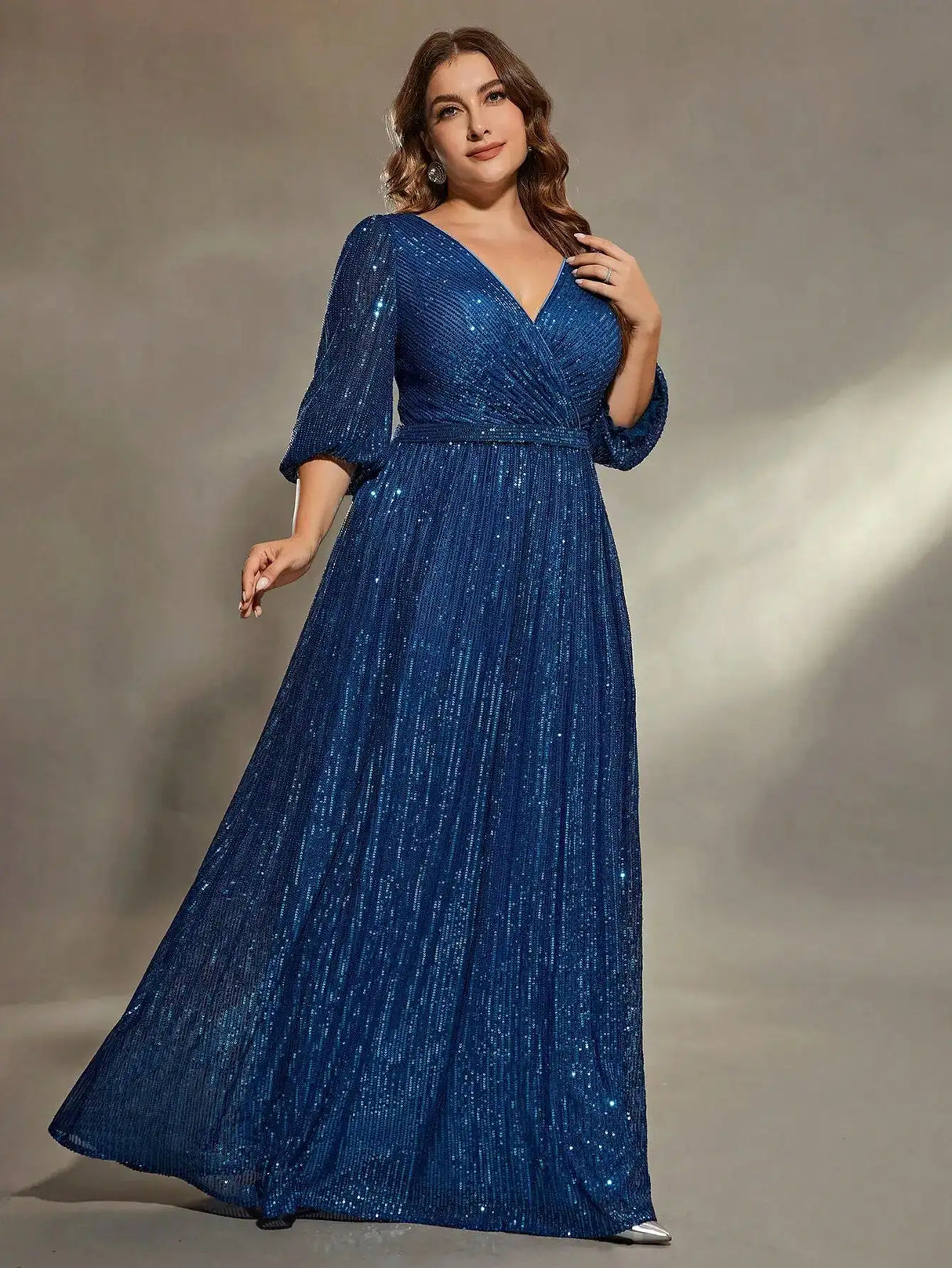 Mgiacy plus size V-neck bust pleated mid-long sleeve A-frame sequin long dress Evening gown PROM dress Party dress - Lootquake