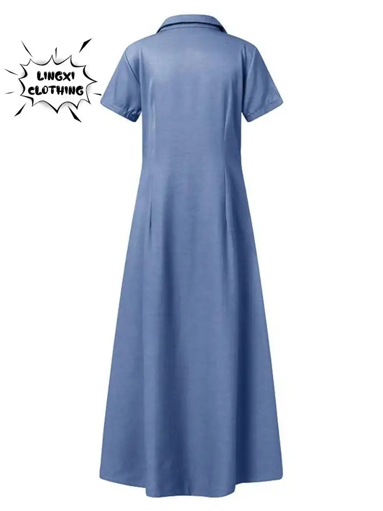 2023 Fashion New Long Dress Shirt Neck Pocket Large Swing Dress Casual Elegant Temperament Single Breasted Denim Dress - Lootquake