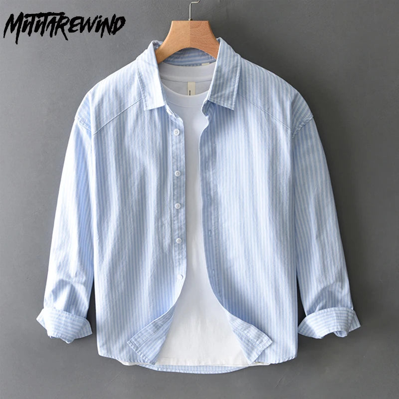 Korean Style Long Sleeve Striped Shirts for Man Spring Summer New Male Tops Lapel Pure Cotton Casual Shirts Elegant Mens Shirts - Lootquake