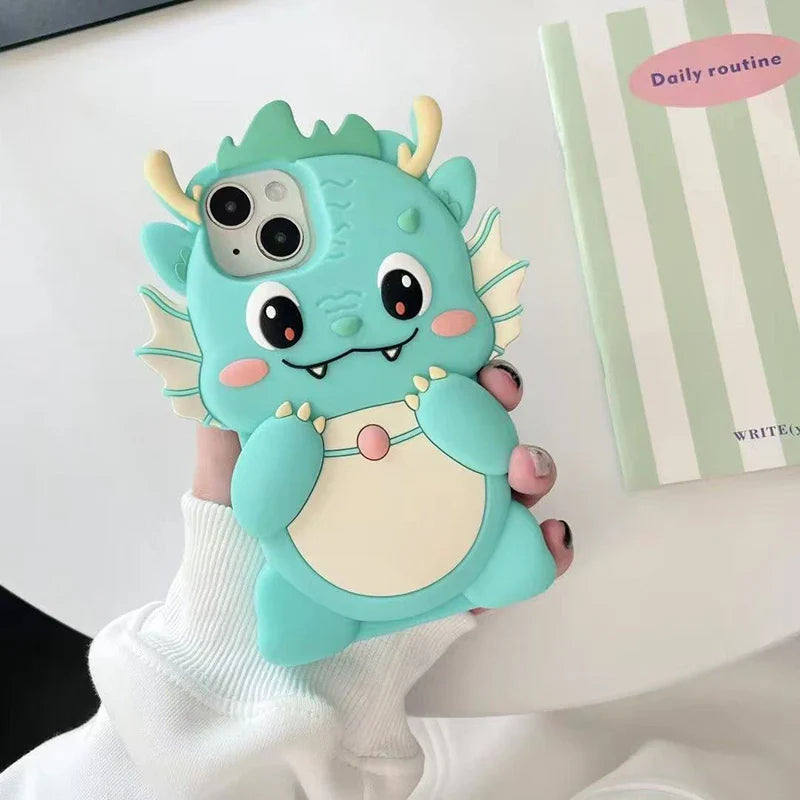 Funda para teléfono con diseño de dinosaurio grande de dibujos animados en 3D kawaii
