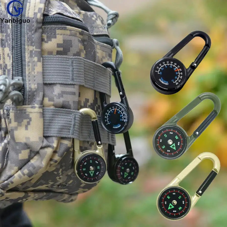 1 Pc Compass Thermometer Carabiner 3 in 1 Mini Compass Carabiner Clip Outdoor Hiking Survival Key Ring Double Sided Metal - Lootquake