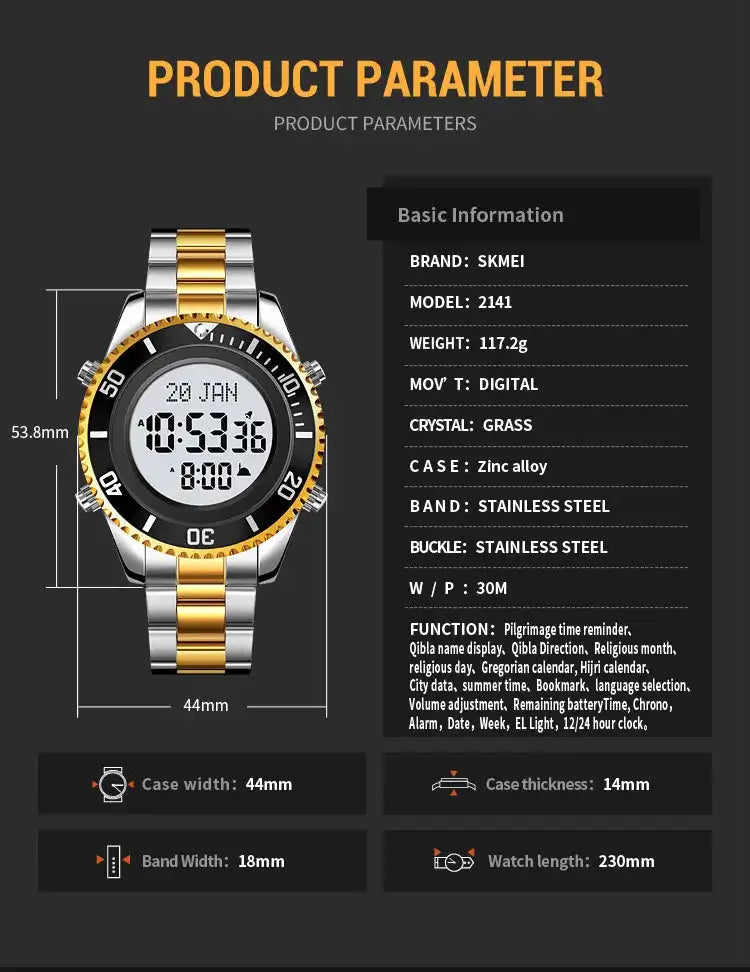 SKMEI 2141 Stainless Steel Digital Watche Muslim Azan Prayer Compass Clock Adhan Alarm Hijri Islamic Wristwatch with Back Light - Lootquake