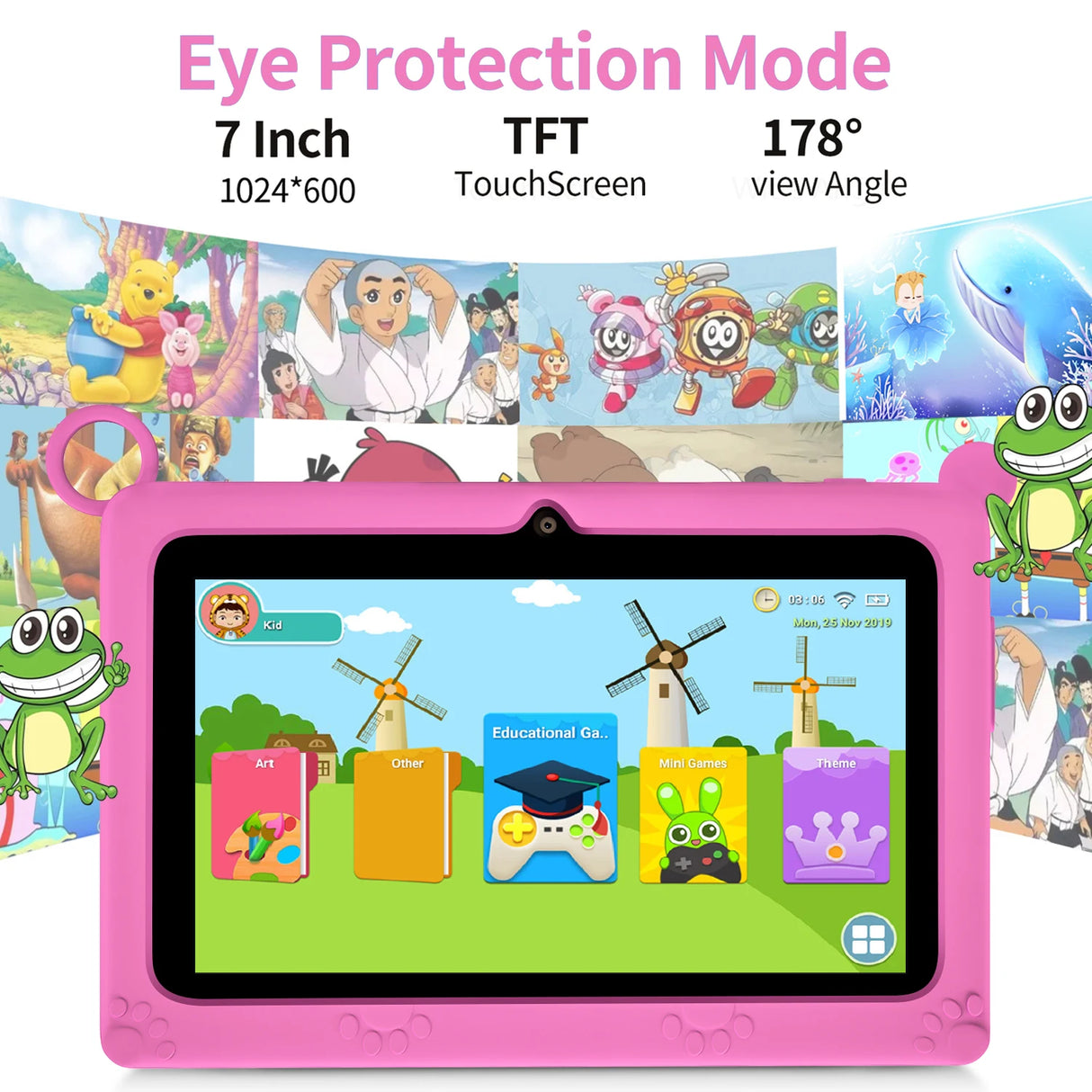 Tablette enfant BDF 7 pouces Google Learning Education Games Quad Core 4 Go RAM 64 Go ROM WiFi Bluetooth Double caméra