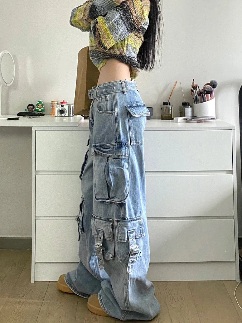 Autumn Winter New Ladies Cargo Jeans American Street Style Baggy Cargo Pants Women Blue Multi-pocket Wide Leg Jeans for Women - Lootquake