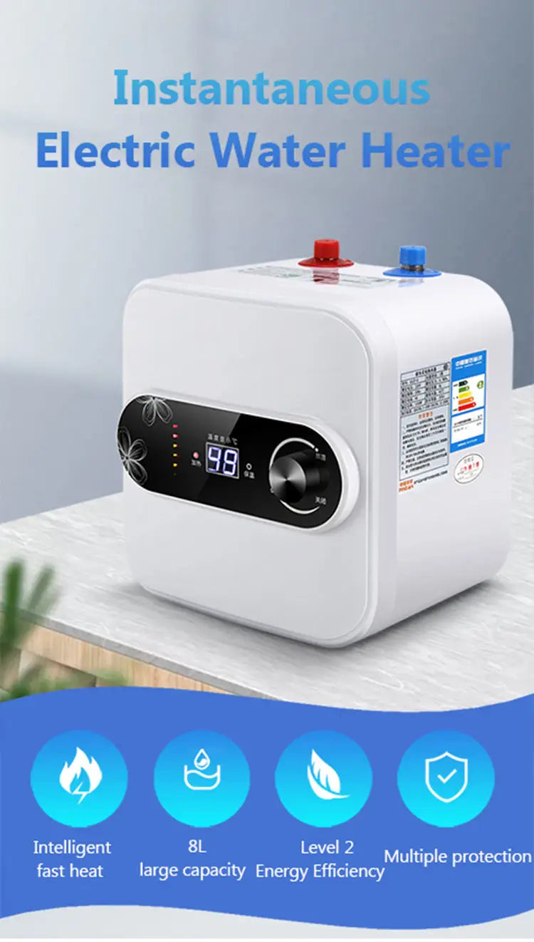 Chauffe-eau électrique instantané à stockage d'eau de 8 L, isolation thermique rapide, affichage numérique, bouton de contrôle du thermostat, entrée d'eau haut/bas