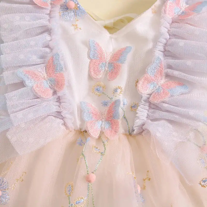 Pudcoco Baby Girl 2Piece Summer Set 3D Butterfly Flower Embroidery Fly Sleeve Mesh Romper Dress 3D Bow Headband Toddler Outfits - Lootquake