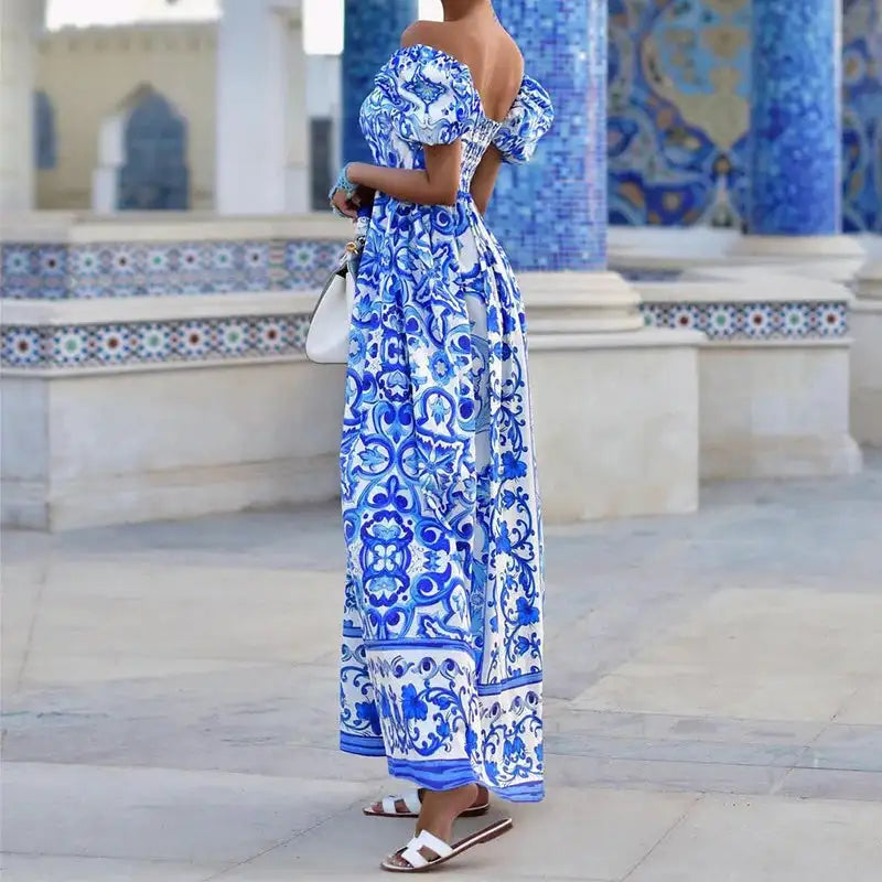 Fashion Temperament Slash Neck Bohemian Printed Maxi Dress New Women Elegant High Waist A-Line Long Dress Sexy Loose Party Dress - Lootquake