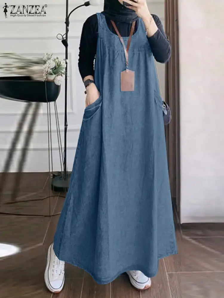 Summer Muslim Long Dress Abaya ZANZEA Women Vintage Sleeveless Denim Blue Maxi Vestidos Dubai Robe Casual Loose Ramadan Sundress - Lootquake