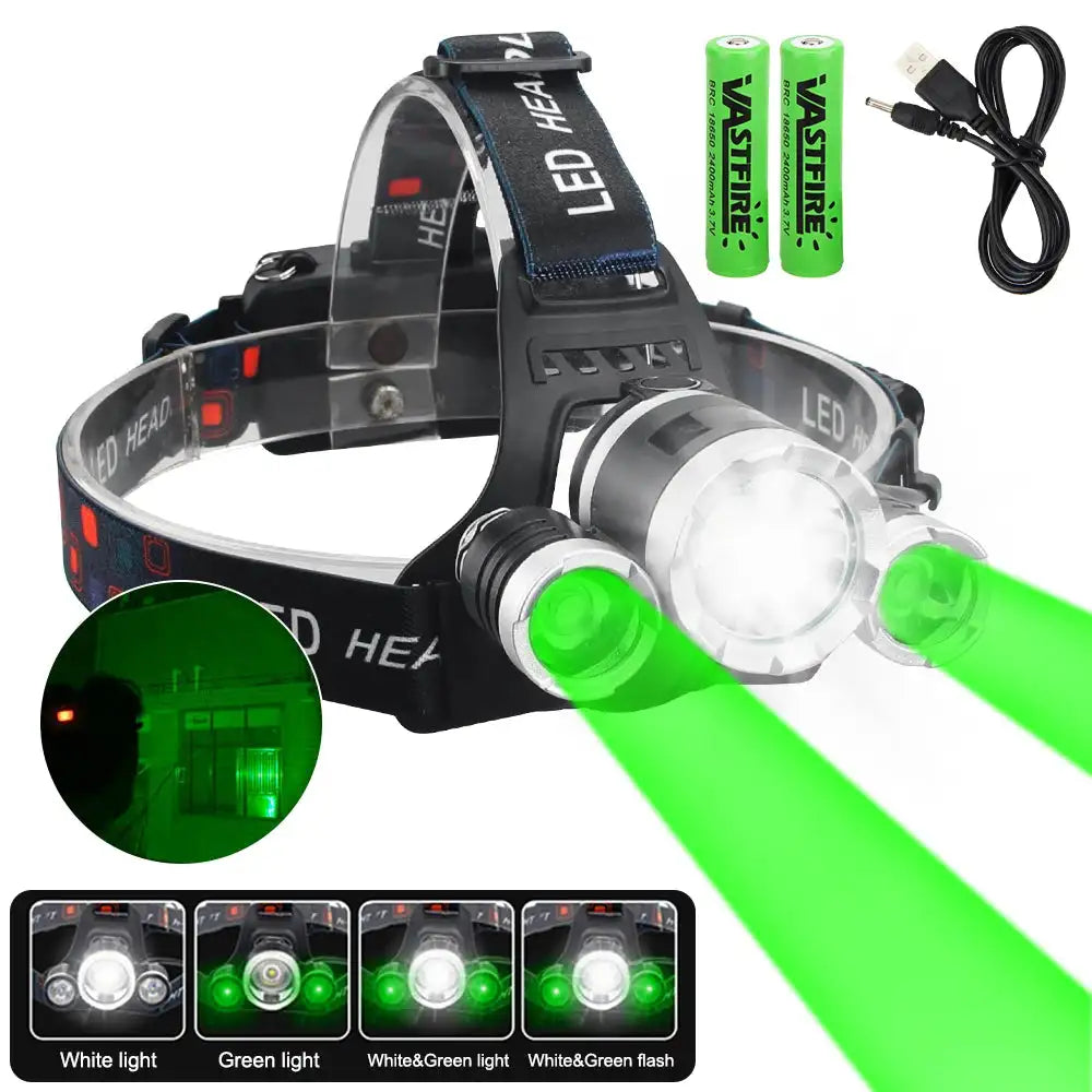 Headlamp Green/Red/UV395nm+White Dual Light Rechargeable Fixed Focus Waterproof 4Modes Headlight Hunting Camping Hiking Working - Lootquake