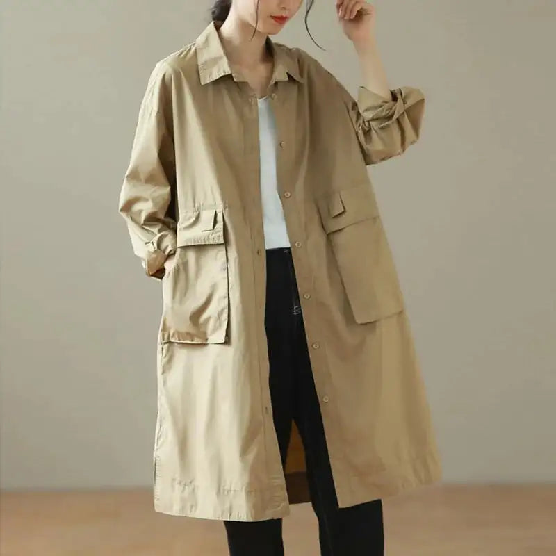 9290 Spring Fall Trench Coat Women Mid Length Windbreaker Single-breasted Double Pockets Casual Loose Overcoat Female Outerwear - Lootquake