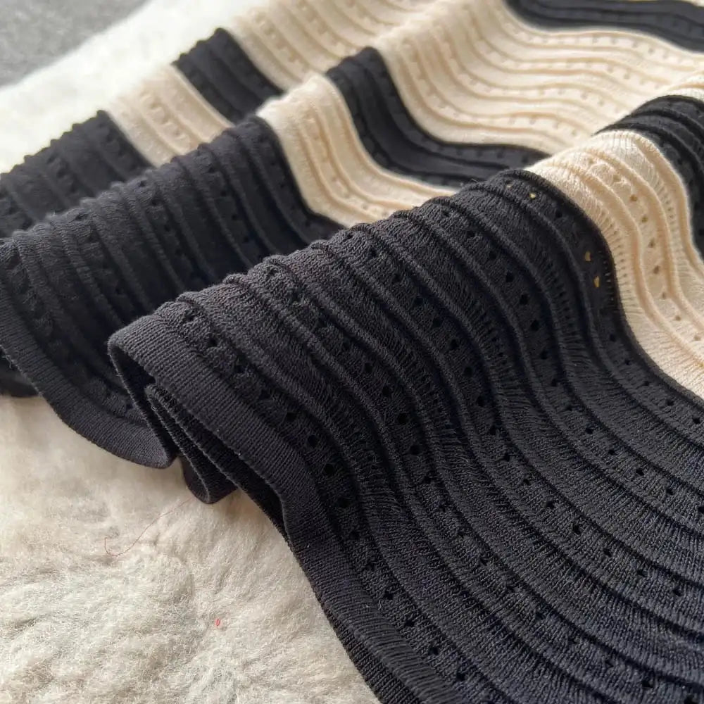 Short Sleeves Striped Long Dress Lapel Neck Hollow Out Slim Bodycon Sundress Fashion Hotsweet Knitted Beach Midi Dress - Lootquake