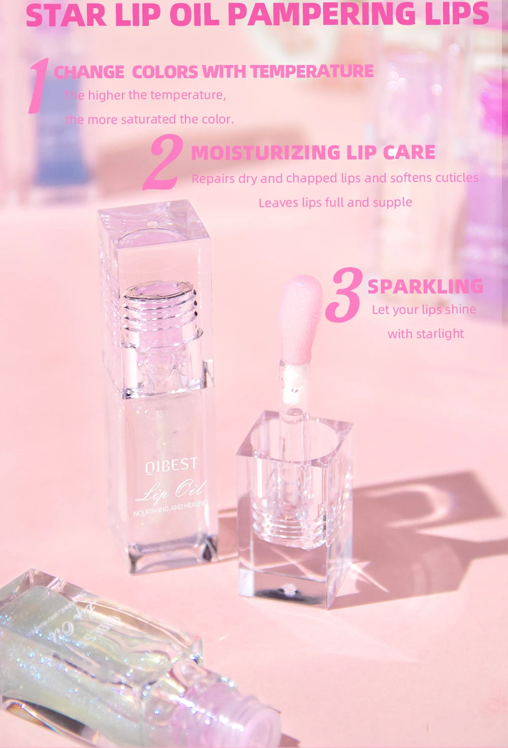 QIBEST - Bálsamo labial mágico con cambio de color cálido, brillo labial transparente, hidratante, brillo labial brillante, cosméticos para labios