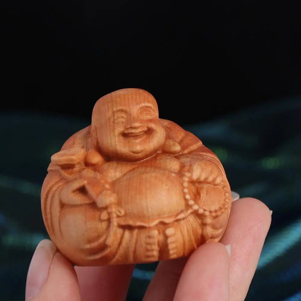 Home Decor Woodcarving Laughing Buddha Maitreya Sculpture Miniature Wooden Buddha Statue Craft Mini Handmade Statue Table Top
