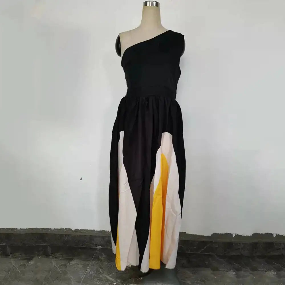 2024 Spring Summer New One Shoulder Dresses Women Splicing Print Off Shoulder Loose Long Dress Fashion Ladies Commuting Vestidos - Lootquake