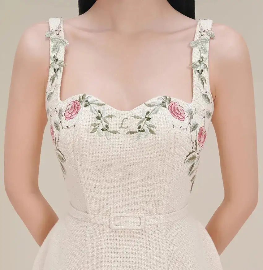 Runway Autumu Spaghetti Strap Bodycon Long Dress Sexy Women's Square Collar Embroidery Flower Sleeveless Tank Party Belt Dresses - Lootquake