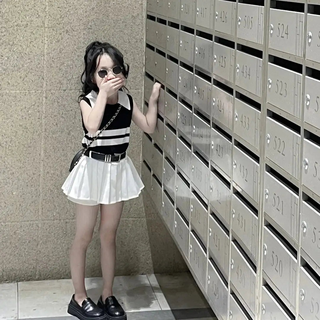 Baby Girls Knitted Polo Shirt Summer Set Latest Children's Western style Tank Top Fashionable Pleated Skirt Two Piece Set - Lootquake