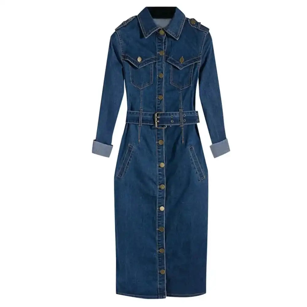 Vintage Button Up Jeans Dress Women Blue Lapel Denim Vestidos Winter Office Slim Long Sleeve Mid-Cuff Denim with Belt Long Dress - Lootquake