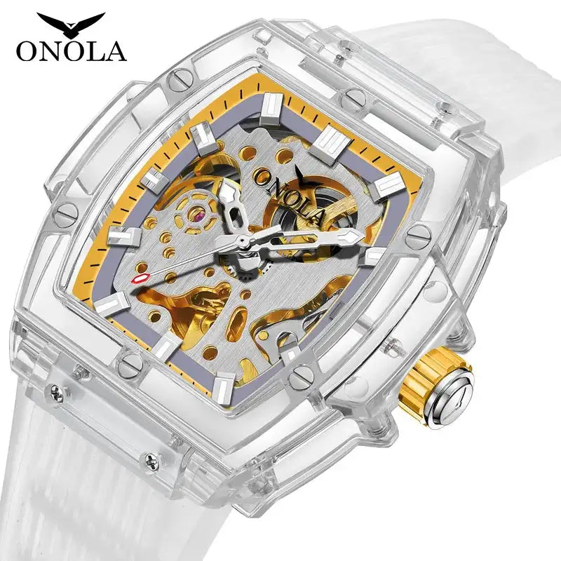 Luxury men's watch onola plastic transparent hollow full automatic mechanical watches men waterproof clock - Lootquake
