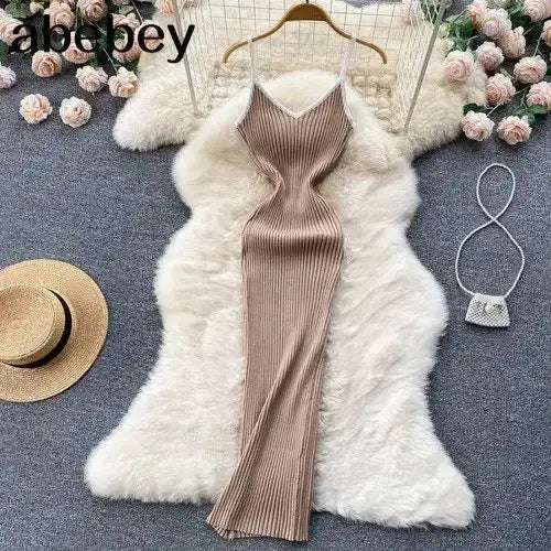 Summer V Neck Knit Sexy Strap Dress Women Elatic Waist Bodycon Sundress Female Beach Backless Maxi Long Dress