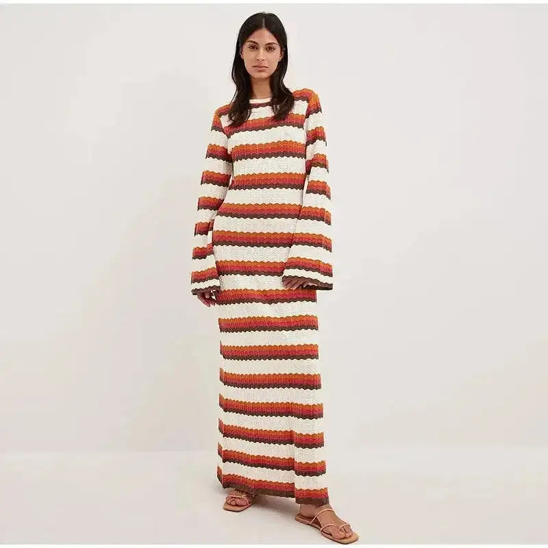 Striped Knitted Long Dress Women O-neck Backless Hollowed Out Long Sleeves Lady Bodycon Dress 2024 Spring Summer Vacation Robe - Lootquake