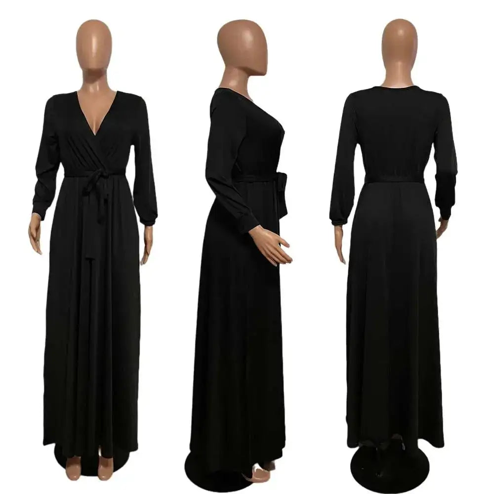 CM.YAYA Elegant Women Wraped V-neck Long Sleeve with Sashes Maxi Long Dress Chic INS Sexy Party Prom Big Swing Pink Dresses - Lootquake