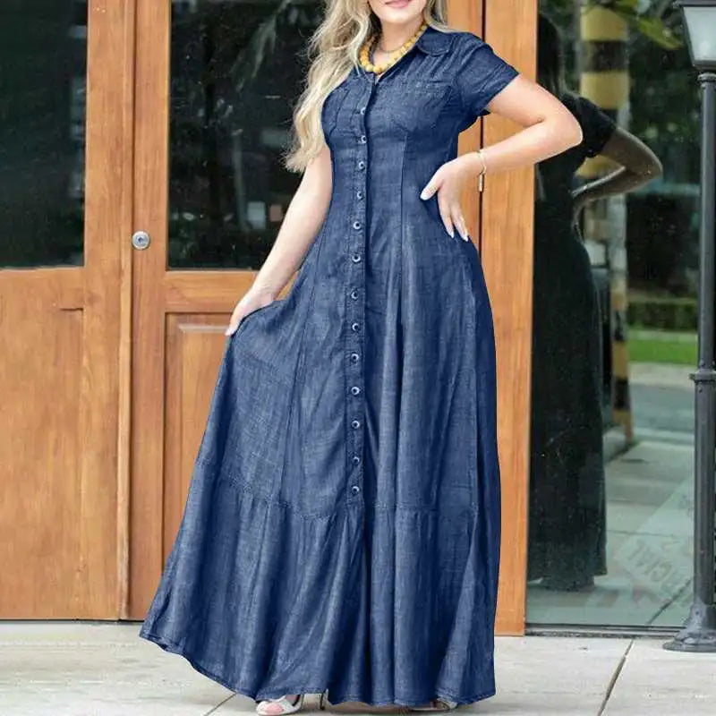 2023 Fashion New Long Dress Shirt Neck Pocket Large Swing Dress Casual Elegant Temperament Single Breasted Denim Dress - Lootquake
