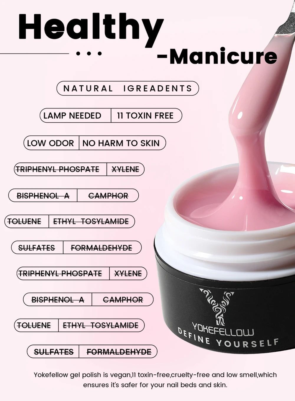 Esmalte de uñas en gel YOKEFELLOW de 15 g, color rosa nude, transparente, para construcción, extensión, remojo, UV LED, acrílico.