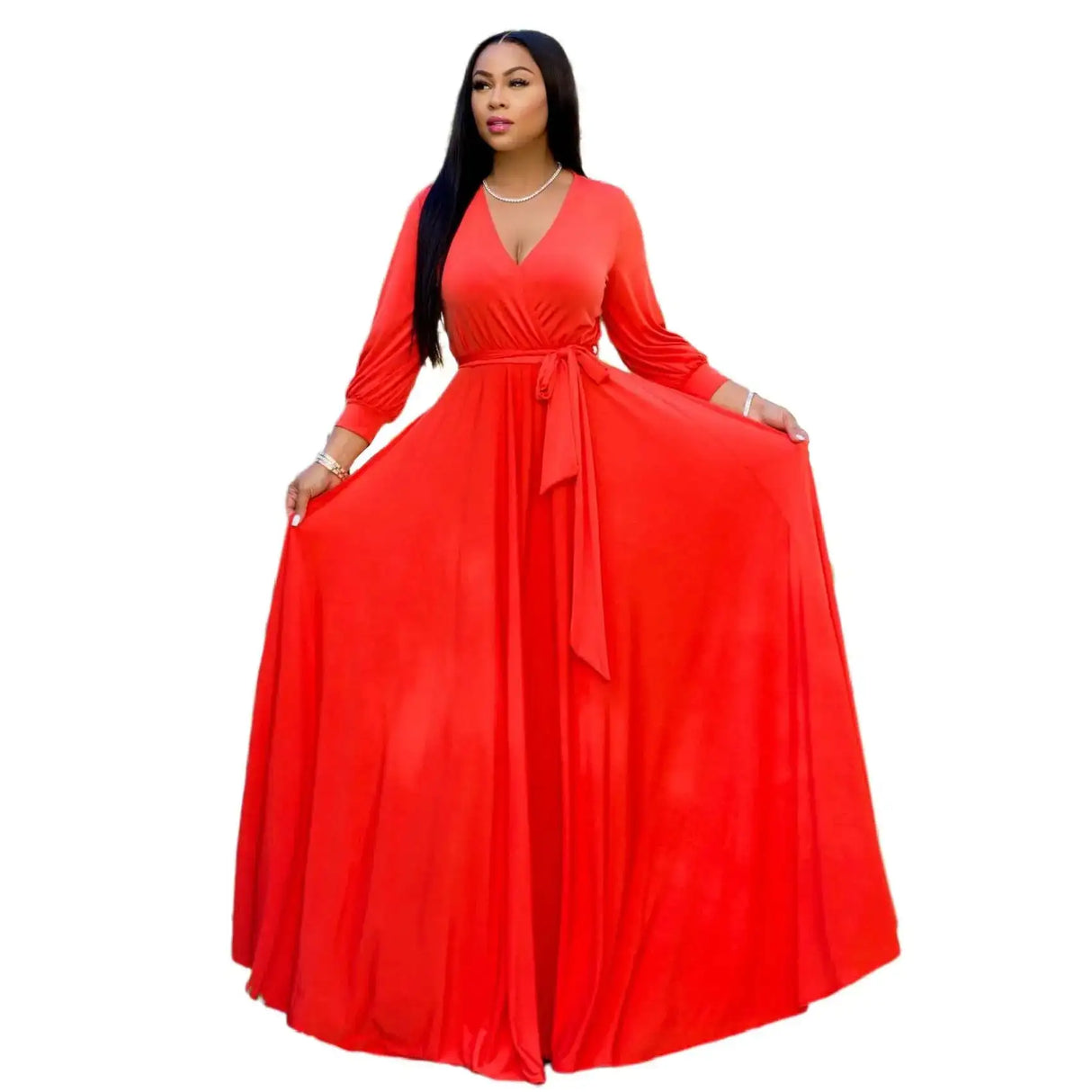 CM.YAYA Elegant Women Wraped V-neck Long Sleeve with Sashes Maxi Long Dress Chic INS Sexy Party Prom Big Swing Pink Dresses - Lootquake