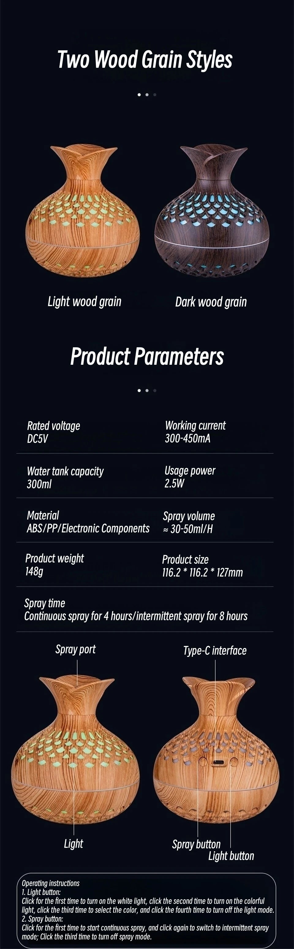 Humidificador USB de grano de madera hueco, difusor de aroma, atomizador, humidificador doméstico, instrumento hidratante, humidificador de escritorio.